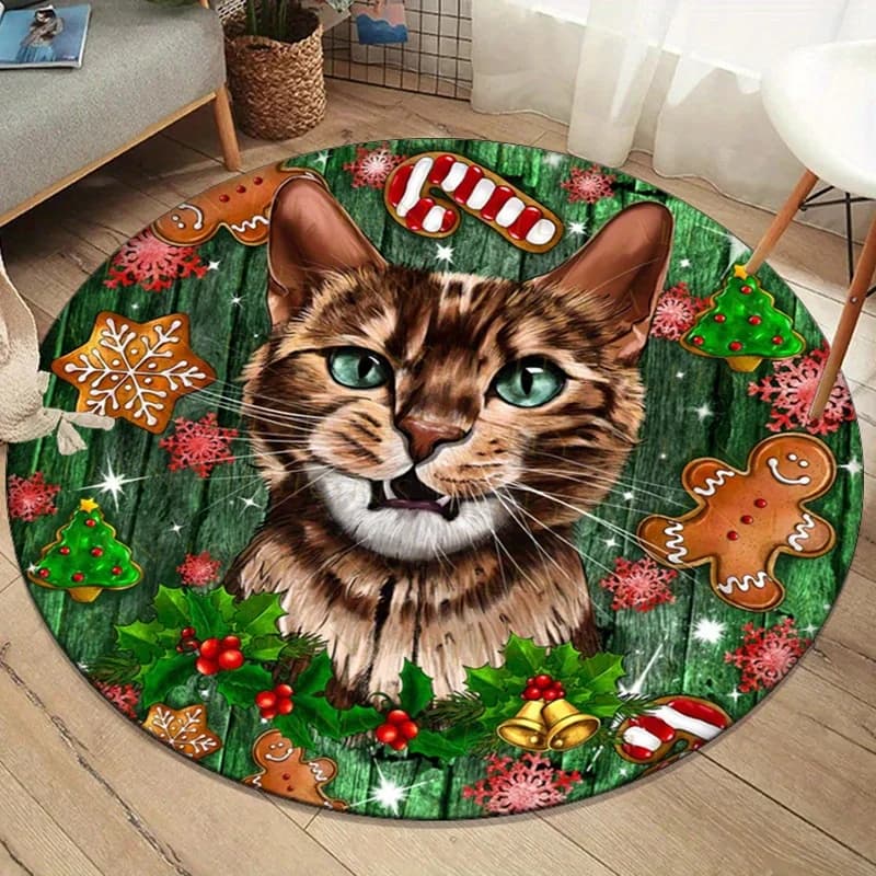 Gatto di Natale Biscotti di pan di zenzero Fiocchi di neve Tappeto rotondo Morbido cristallo Velluto Tappetino Amante degli animali Decorazione nataliziaTappeto a tema di Natale