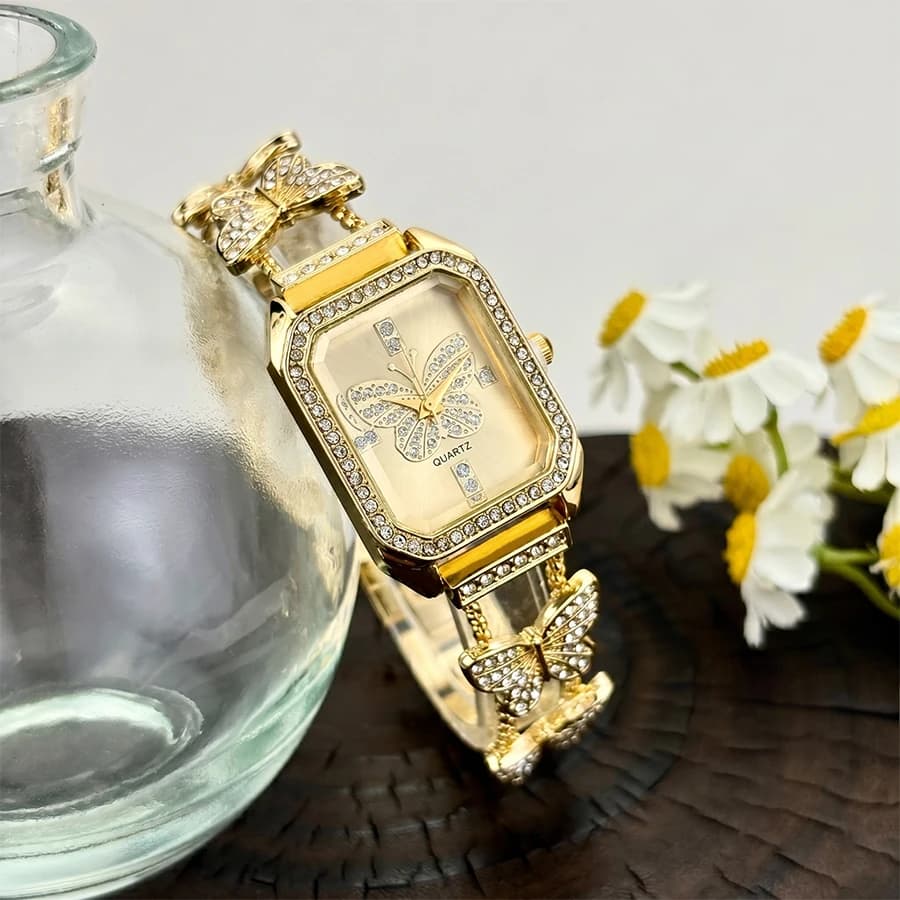Women Rectangular Face Fashion Watch Butterfly Link Bracelet Elegant Delicate Accessory