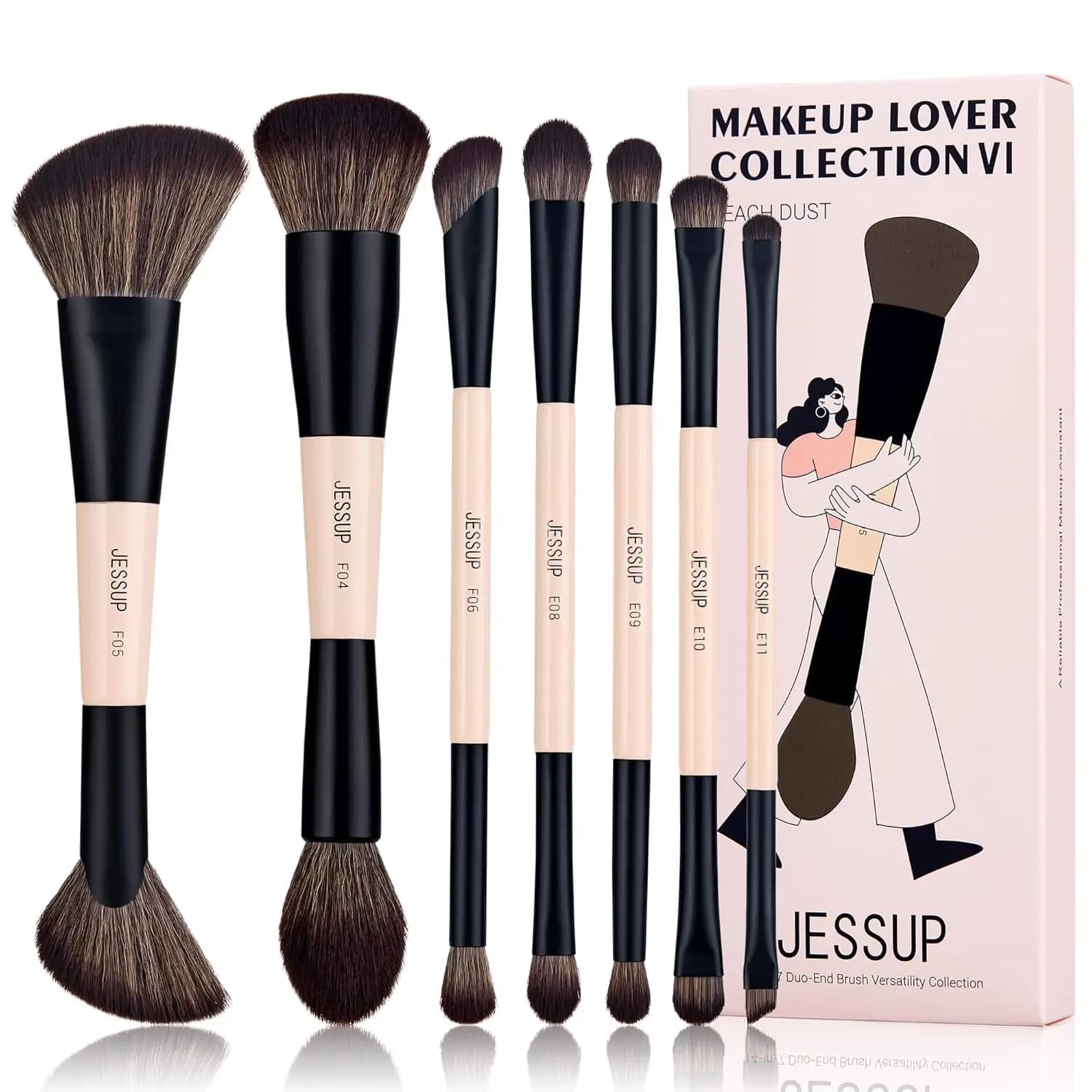 Set di 7 Pennelli Trucco Doppia Faccia per Fondotinta, Blush, Ombretto e Altro - Cruelty-Free