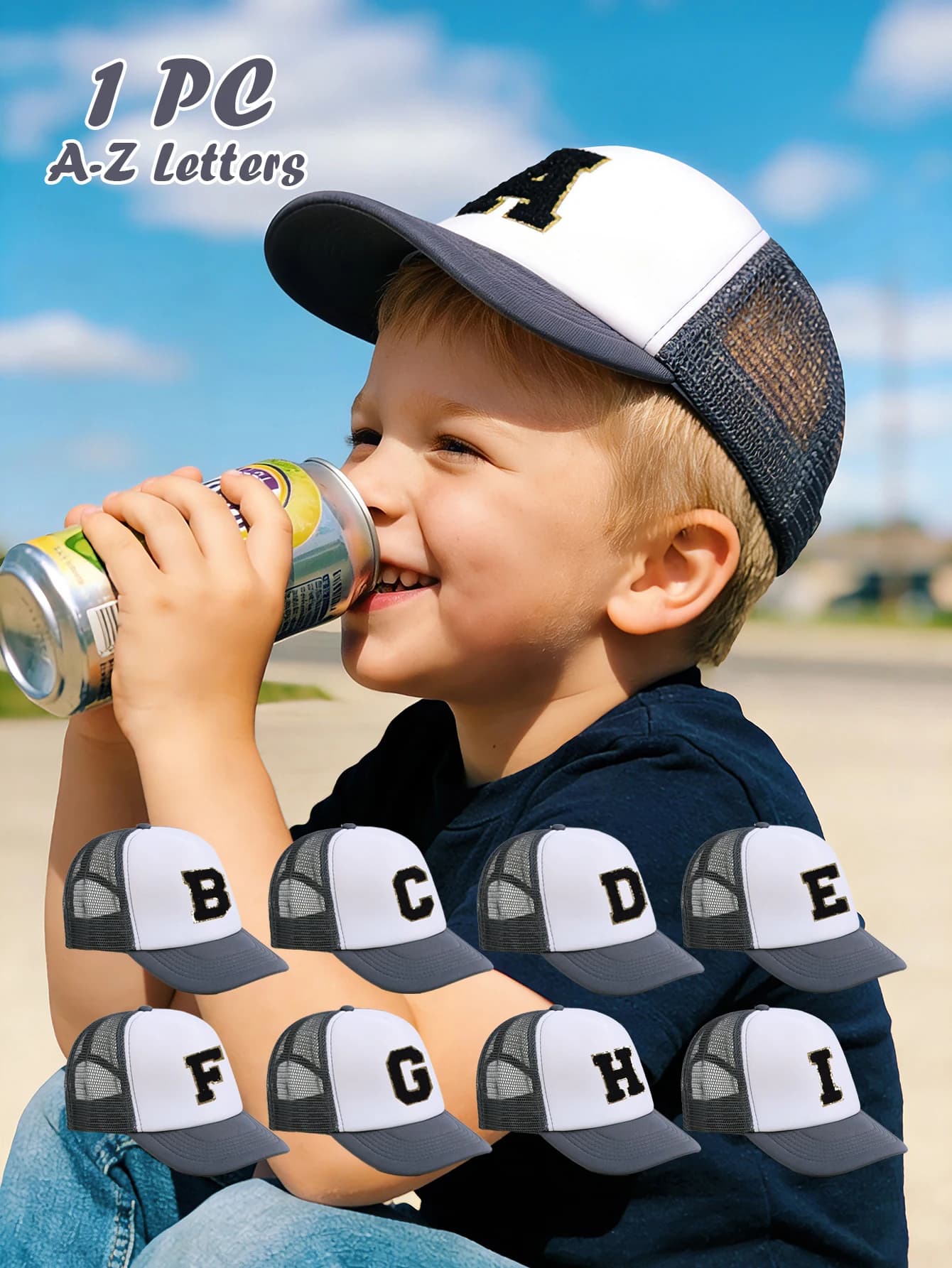 1 gray hat with pattern to 26 letters, baby hat and girls, baseball cap, sun visor hat, suitable for outdoor activities A
