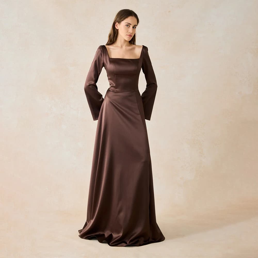 Abiti da sera formali da donna a maniche lunghe, vestiti da sera a trapezio con scollo quadrato, abiti da festa formali, abbigliamento da cerimonia nuziale da donna