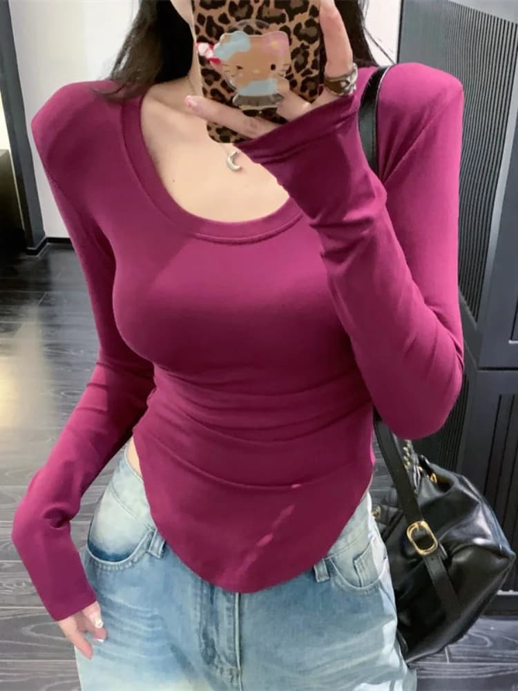 Maglietta a Maniche Lunghe Slim Fit da Donna, Top Lavorato a Maglia con Scollo a U, Traspirante e Delicato sulla Pelle, Abbigliamento Casual per la Stagione Autunnale
