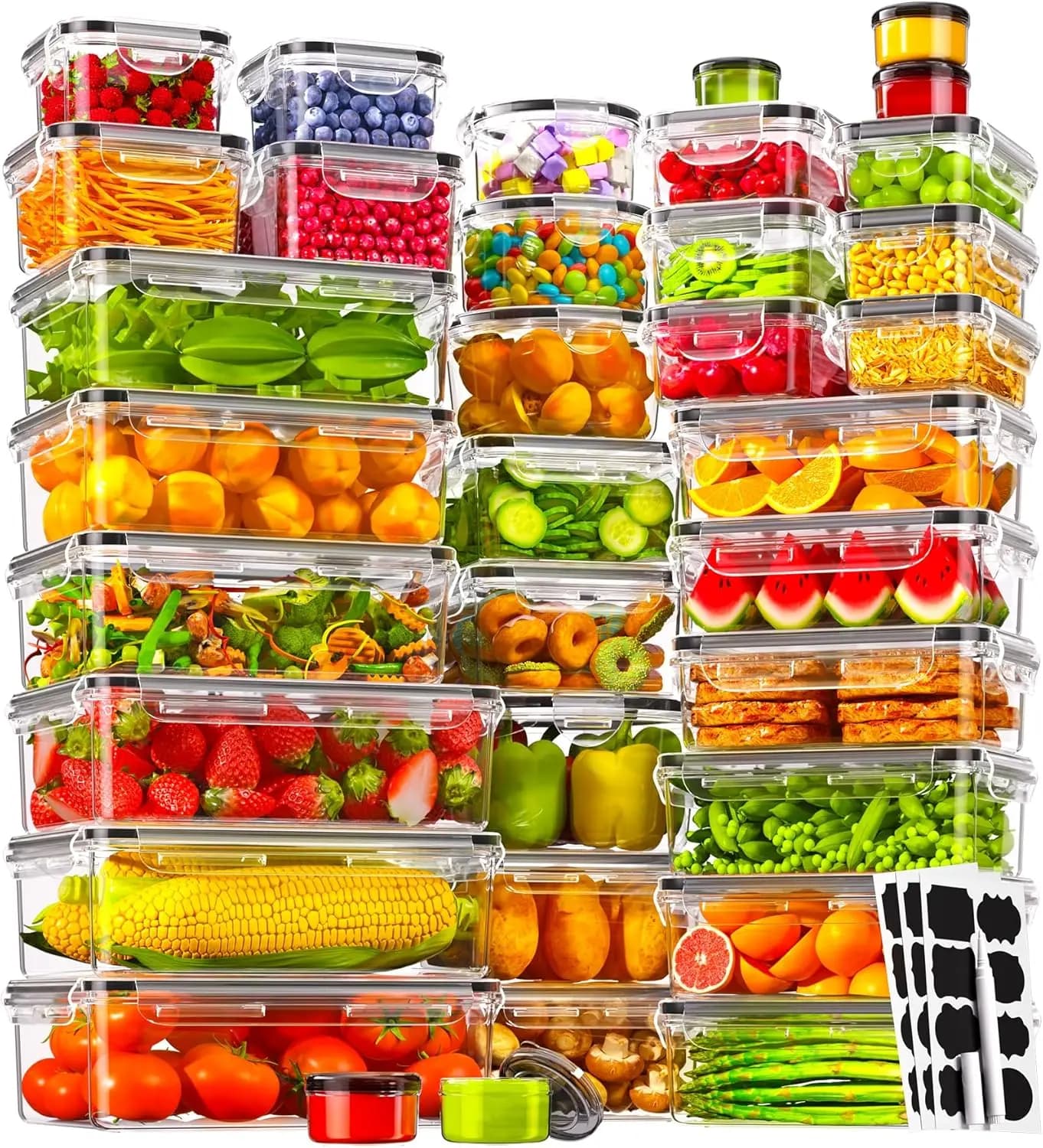 Set di 70 Contenitori per Alimenti in Plastica Senza BPA con Coperchi, Ermetici e Riutilizzabili, Include Etichette e Penna