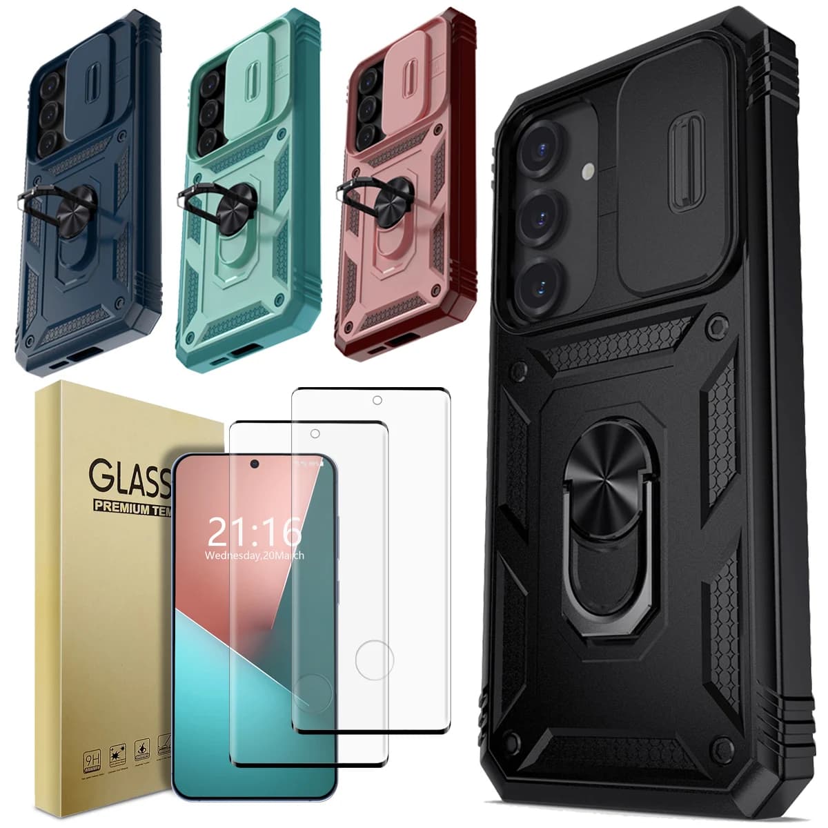 Per Samsung Galaxy S25/S25 Plus/S25 Ultra/S25 Edge Custodia rigida antiurto con cavalletto e 2 protezioni per schermo in vetro temperato