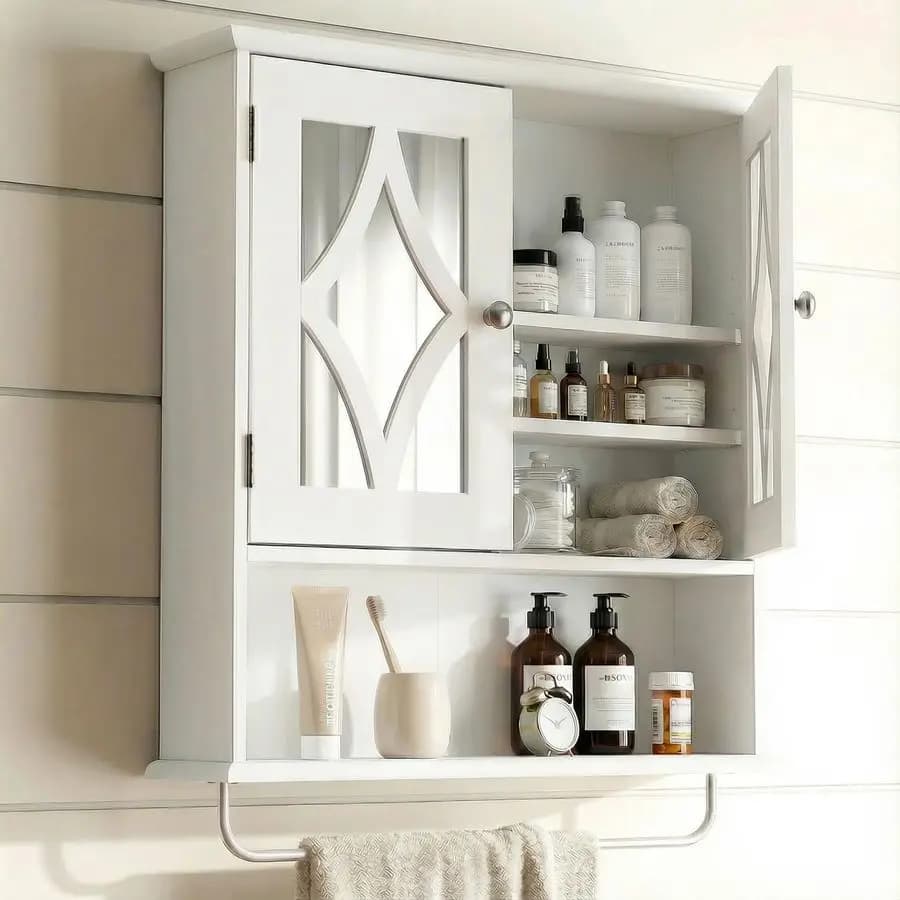 Armadietto da bagno a parete con specchio, mobiletto sopra il WC con portasciugamani e ripiano regolabile, ampio armadietto per medicinali da bagno