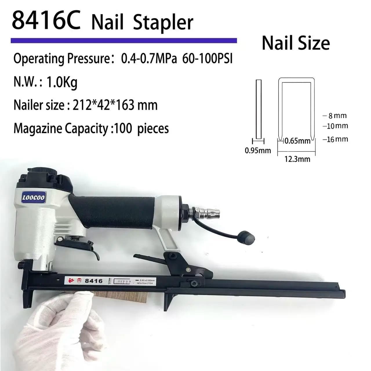 Graffettatrice Pneumatica 8416C Calibro 21 per Tappezzeria, Mobili, Lavorazione del Cuoio con Rotazione a 360° ° Scarico Regolabile