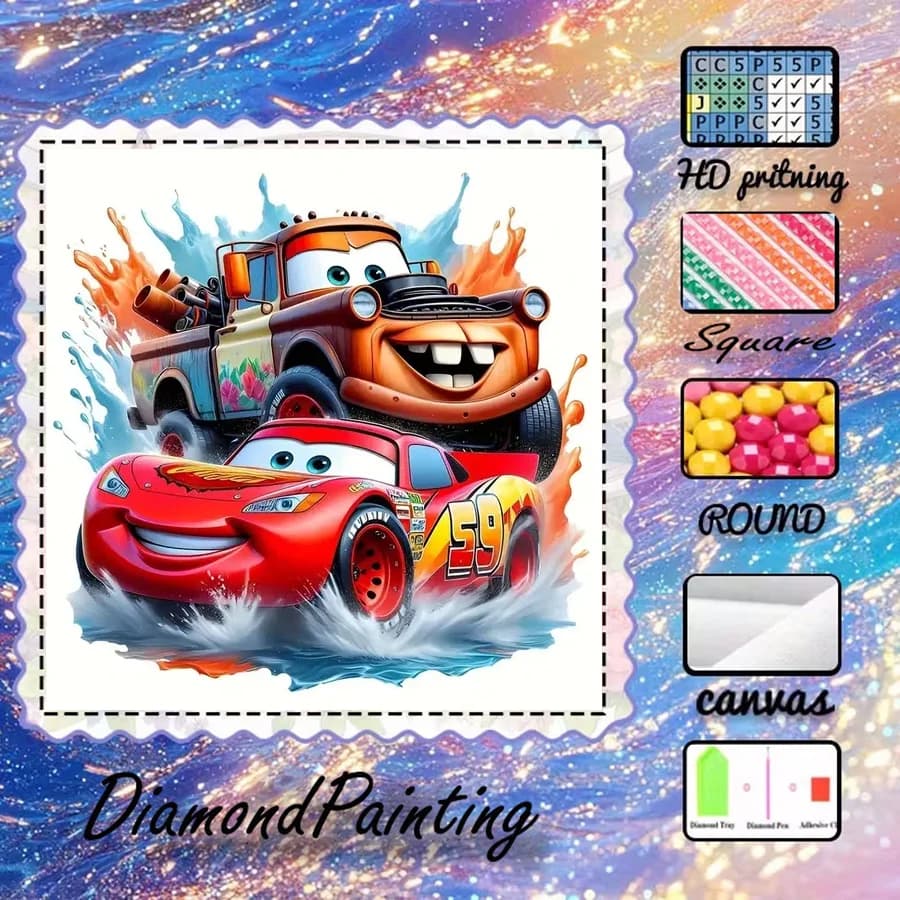 1 Pezzo - Potdemiel-5D-DIY - Tessuto Floccato - Strass Speciali - Set Pittura Diamante - Auto da Corsa Rossa, Rimorchio - Diamond Art