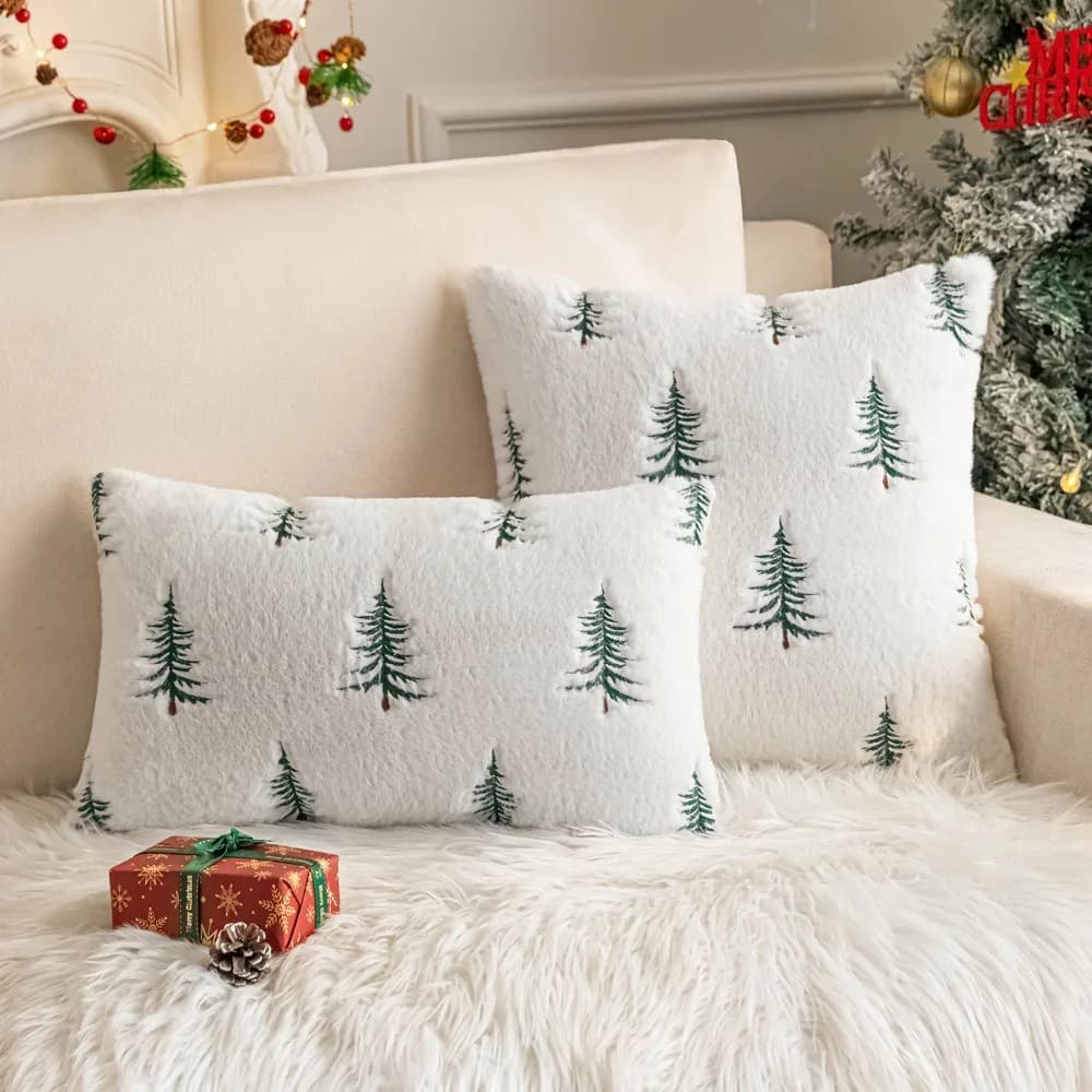 Fodera per cuscino morbida in pelliccia di coniglio sintetica, modello albero di Natale, accogliente fodera per cuscino, decorazione per la casa, federa soffice bianca