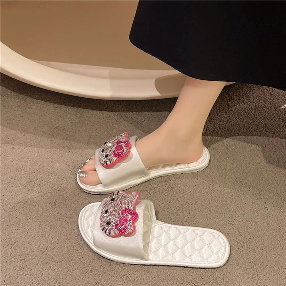 Sandali da donna Hello Kitty con strass, ciabatte estive antiscivolo trapuntate per interni, alla moda