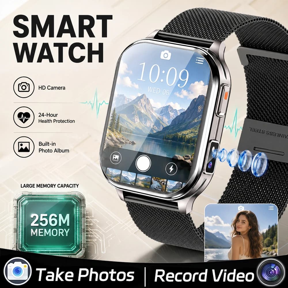 2026 Smart Watch with Camera, 256MB Large Memory, Bluetooth Calling, Health Monitoring, Waterproof Sports Watch for Men Women