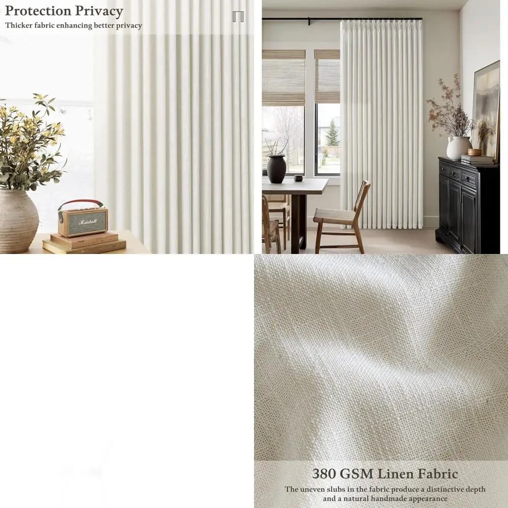 Curtains in Natural Linen Cream 92, Set 2 Panels, Semi-transparent Filtrants for Living Room, Boho Style, with Rings and Hooks