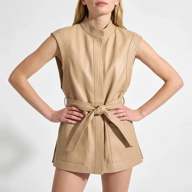 Real Leather Clothes Women's Mid-length Sheepskin Vest Coats 2026 Fashion Lace-up Belt Lady Slim-fit Biker Leather Waistcoat Top