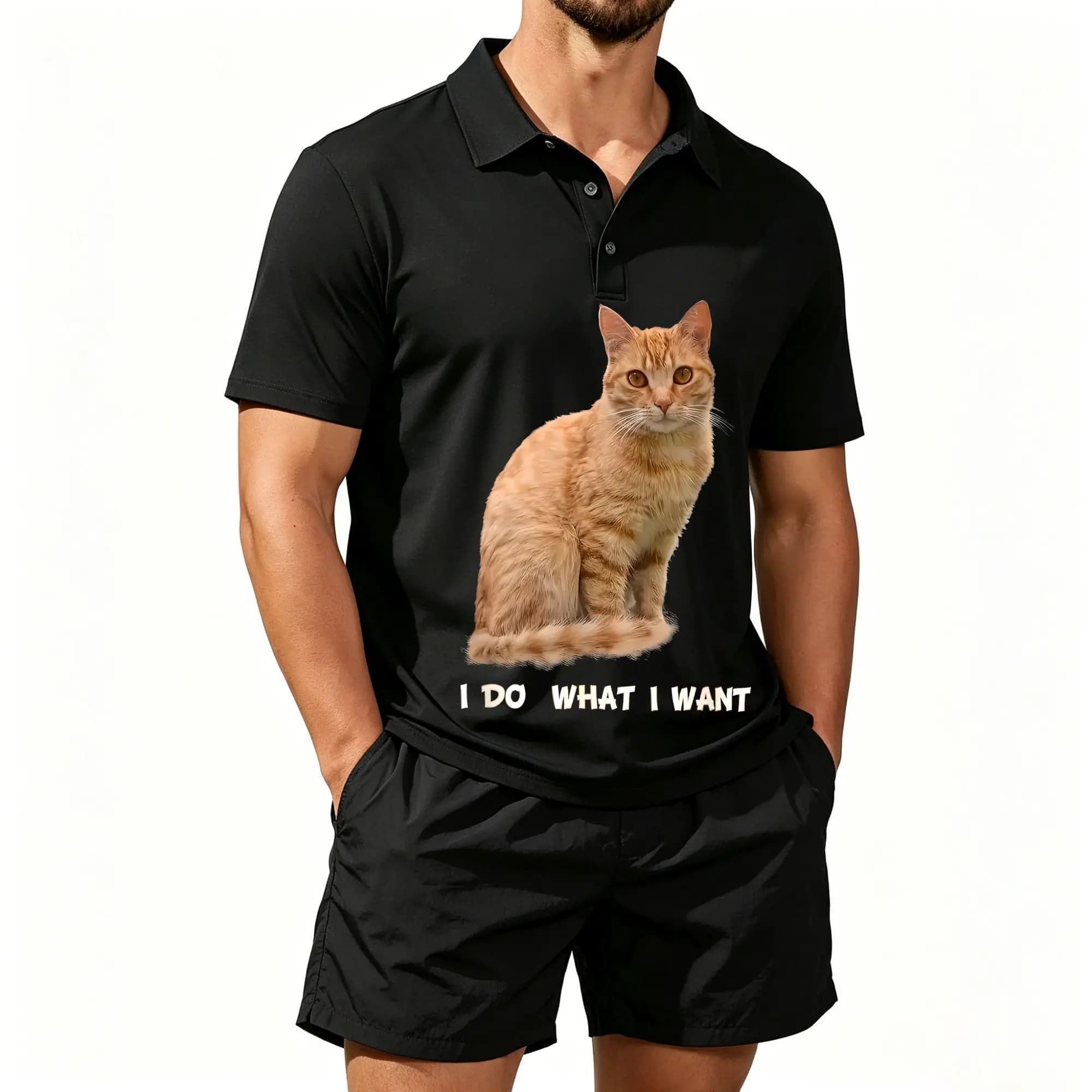 Men's Polo Beach Shorts Two-Piece Set with Fun Tabby Cat Lover Slogan Print, Casual Cat Lover Design, Comfortable and Well-Fitted