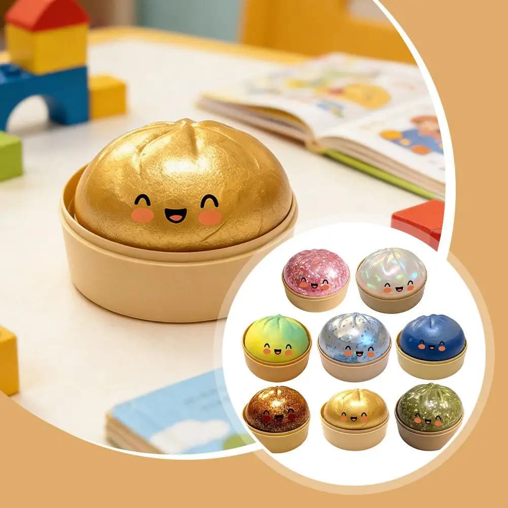 Squishy Colorato a Forma di Raviolo con Scatola, Morbido Giocattolo Sensoriale Antistress, Palla di Impasto per Decorazione Casa e Ufficio