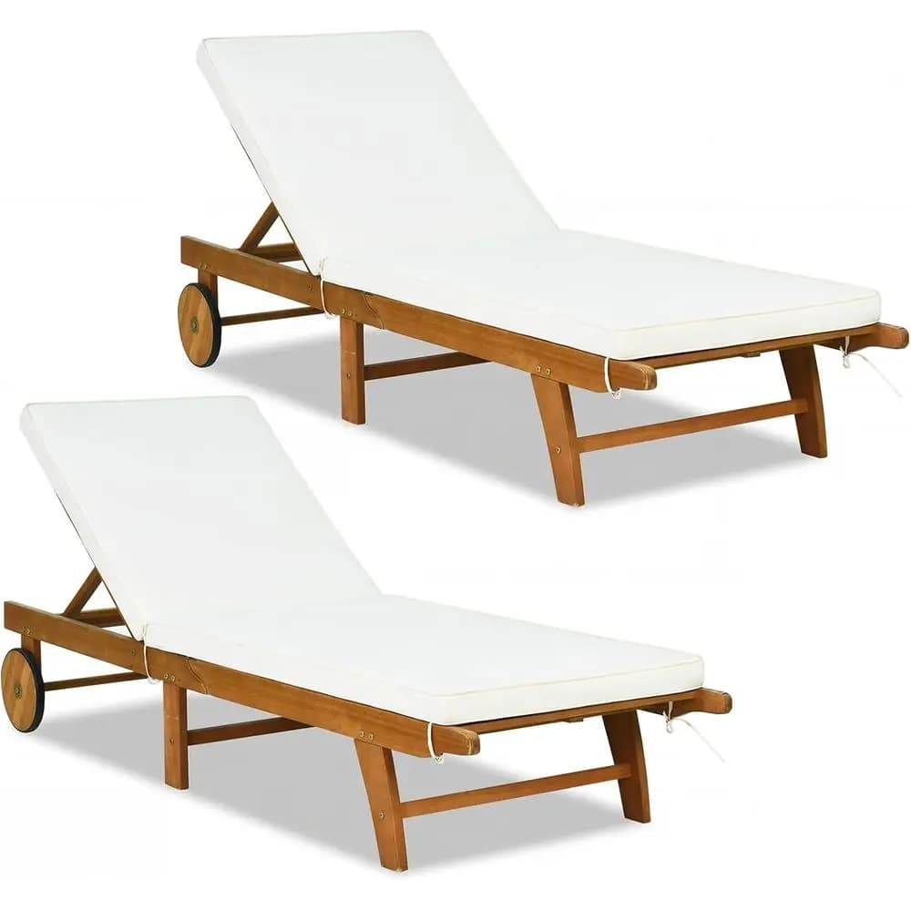 Set di 2 sedie lounge da esterno, chaise longue da patio in legno di eucalipto con schienale regolabile a 5 livelli e cuscini, portatile