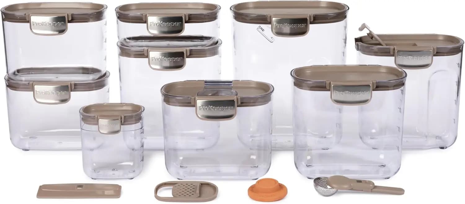 Set di contenitori ermetici per alimenti – Contenitori in plastica trasparente con accessori magnetici per l'organizzazione della cucina (Taupe)