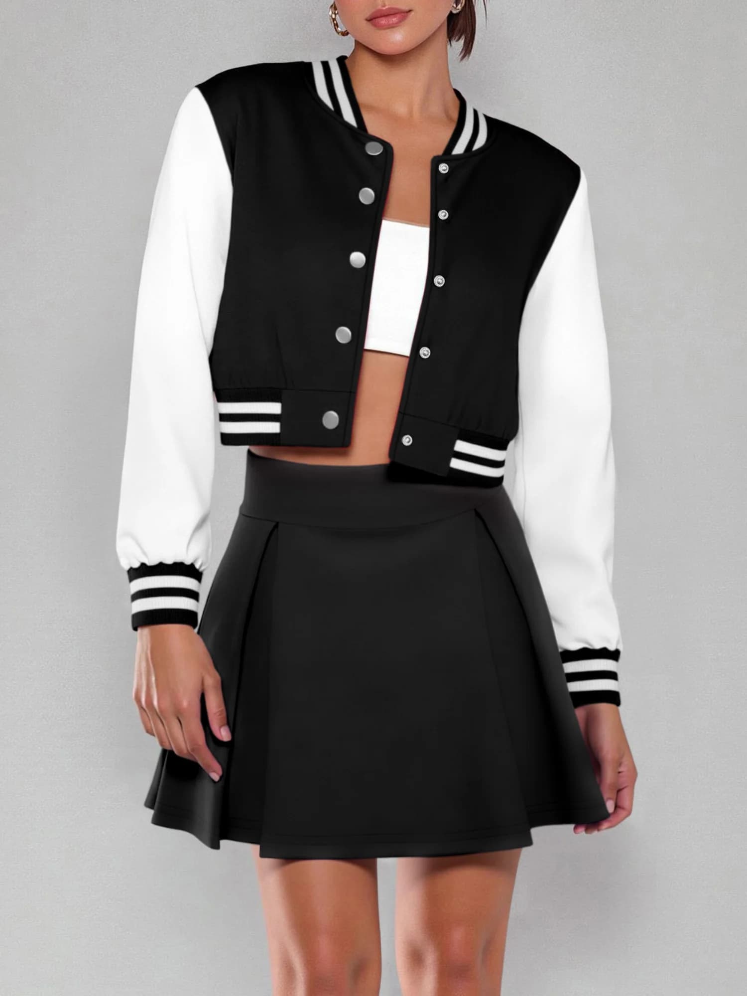 Set 2 Pezzi da Donna: Giacca Varsity Corta e Gonna Plissettata a Vita Alta, Completo Stile Preppy Uniforme da Baseball