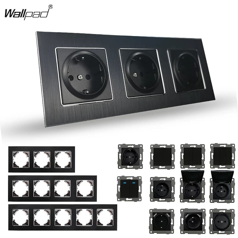 Pannello in metallo nero Prese elettriche UE fai-da-te Prese USB Pulsante 2 Interruttore a parete a 3 vie Werkel Ru Ventilatore francese Dimmer Cat6 Wallpad
