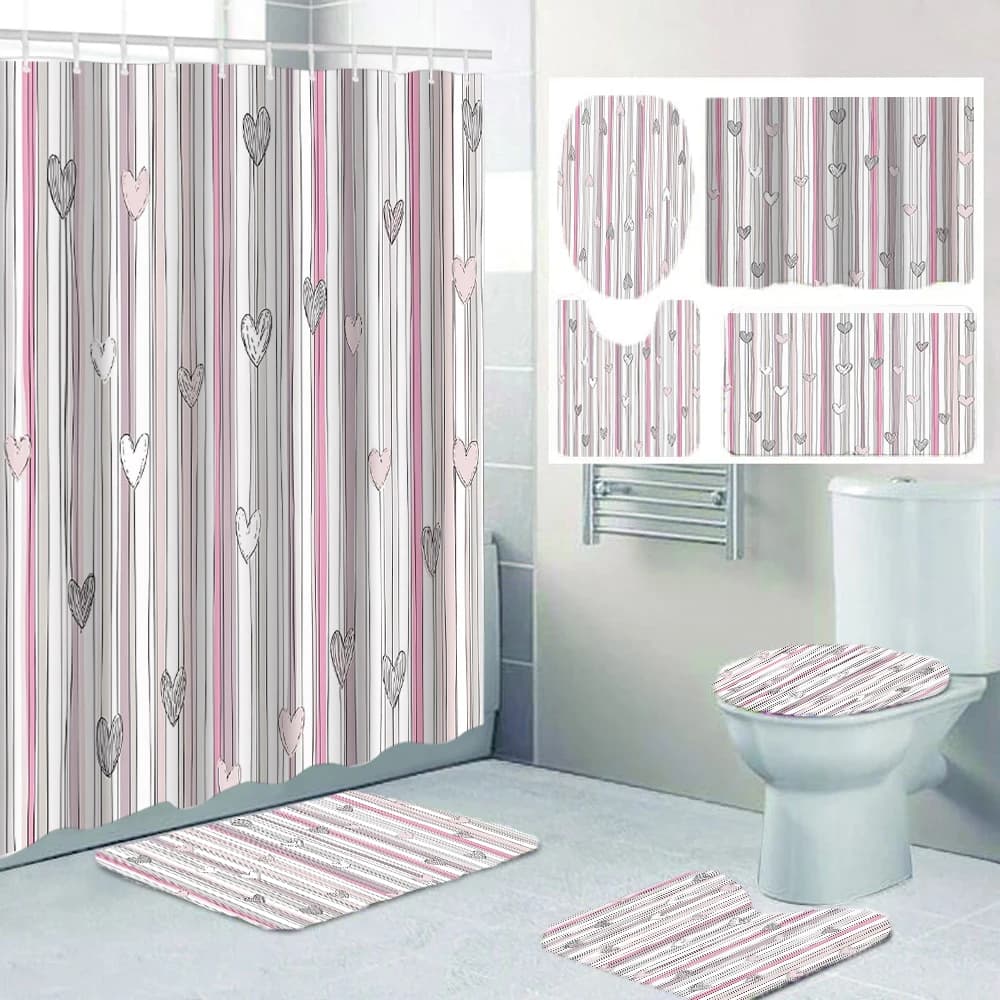 Set di tende da doccia geometriche 4/1, decorazione per sedile WC, tenda da doccia con tappeto e coperchio per WC, dimensioni 70,8x70,8 pollici