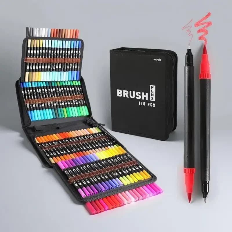 Dual Tip Brush Marker Pens Set - Fineliner & Felt Tip Combo, Watercolour Effect for Art, Calligraphy, Drawing, Sketching