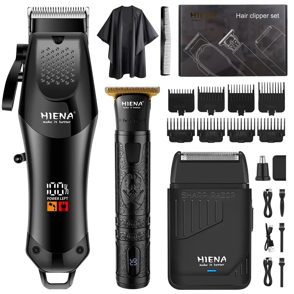 HIENA 3-in-1 Barber Hair Clipper Kit LCD Cordless Hair Cutter T9 Trimmer Shaver Salon Home Haircut Tools for Men