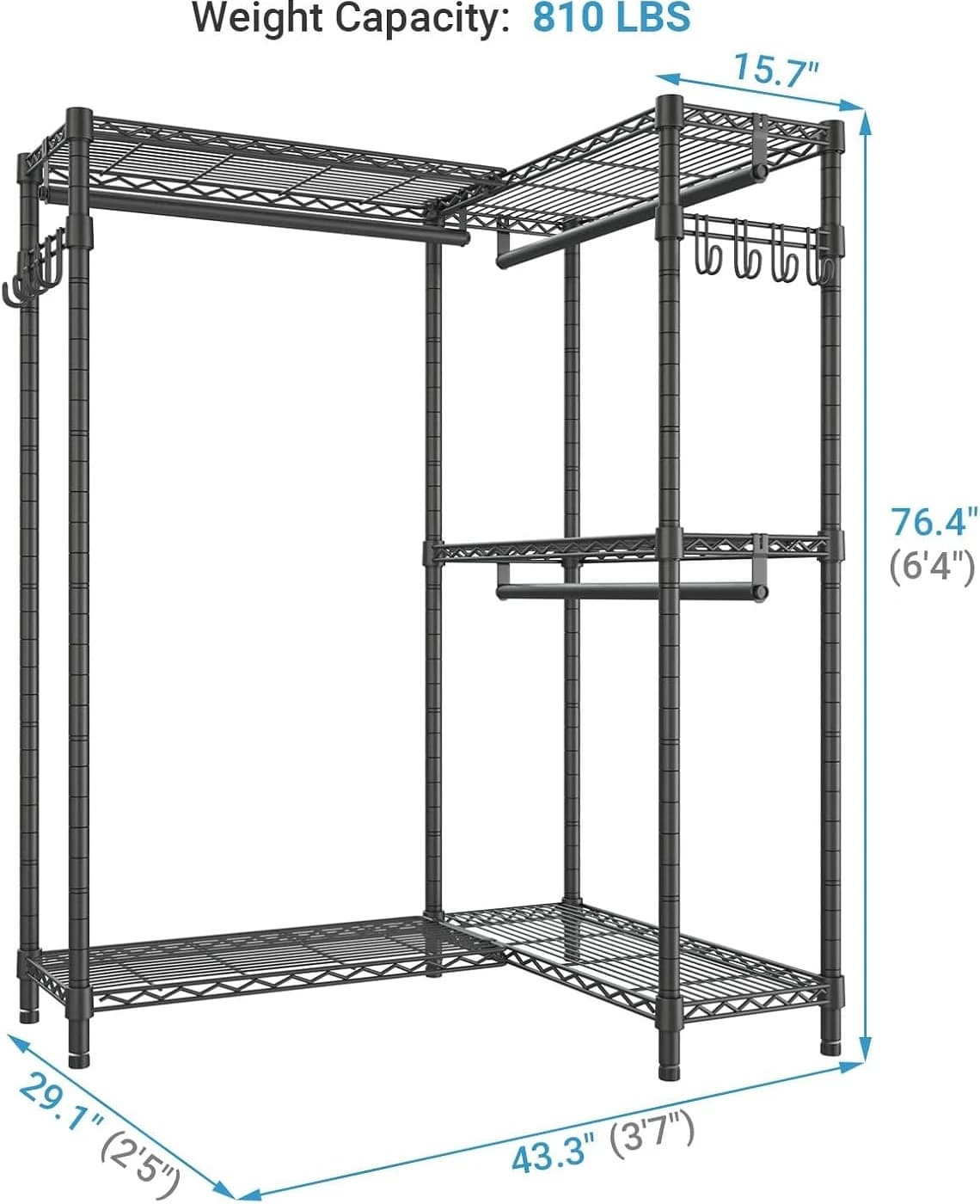 l shaped corner garment rack, metal heavy duty closet organizer, clothes storage rack with shelves and hooks, adjustable hanging rod wardrobe unit, black indoor corner clothing storage furniture