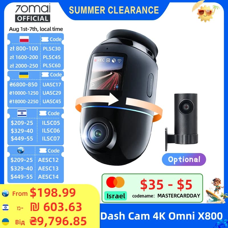 Global Version 70mai Dash Cam 4K Omni X800 360° Rotating Dual-Channel HDR Supported 4G Compatible Supercapacitor 70mai X800 Omni