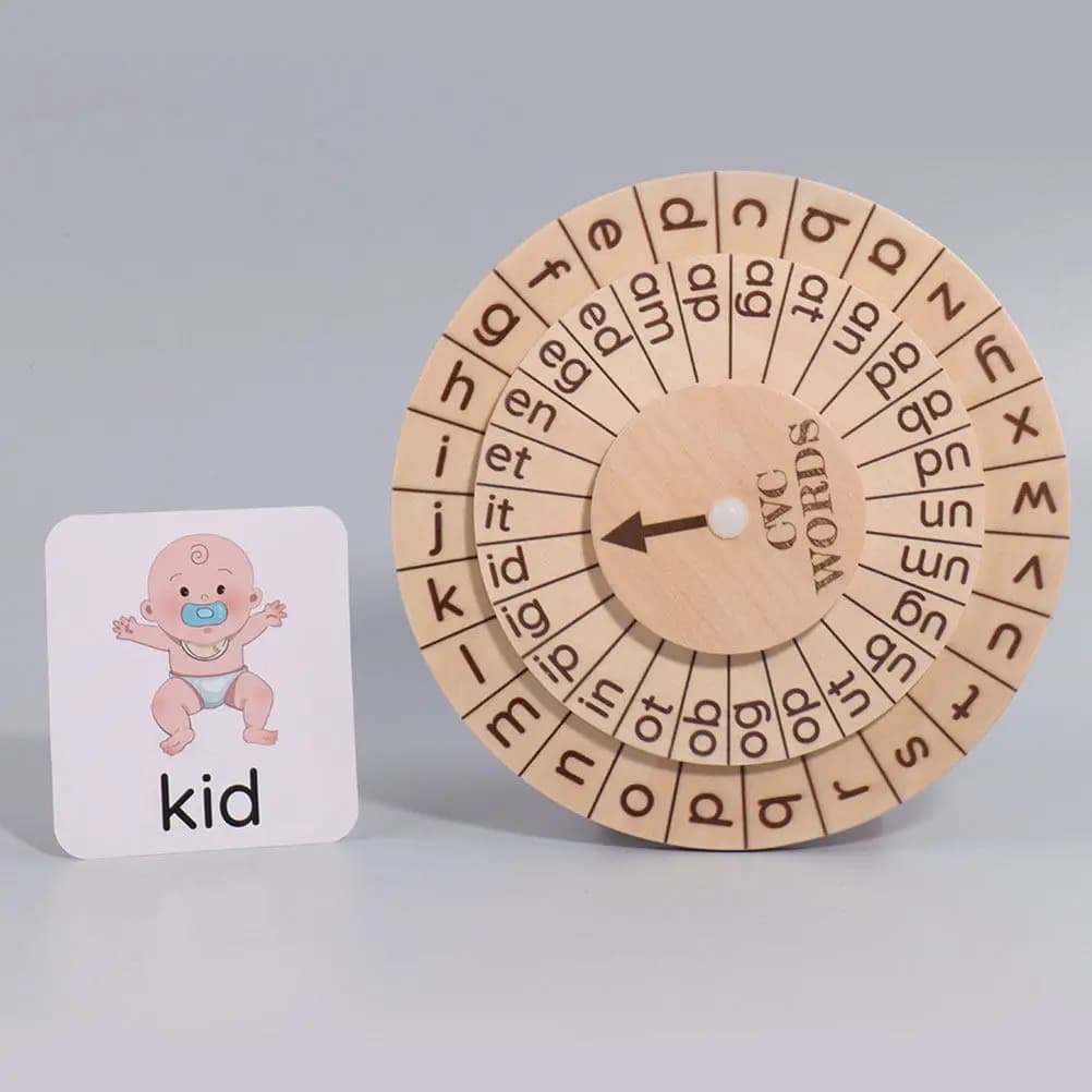 Set di 1 Gioco Educativo Ecologico in Legno con Lettere Rotanti per Bambini, Carte per l'Apprendimento dell'Alfabeto Inglese, Gioco di Memoria