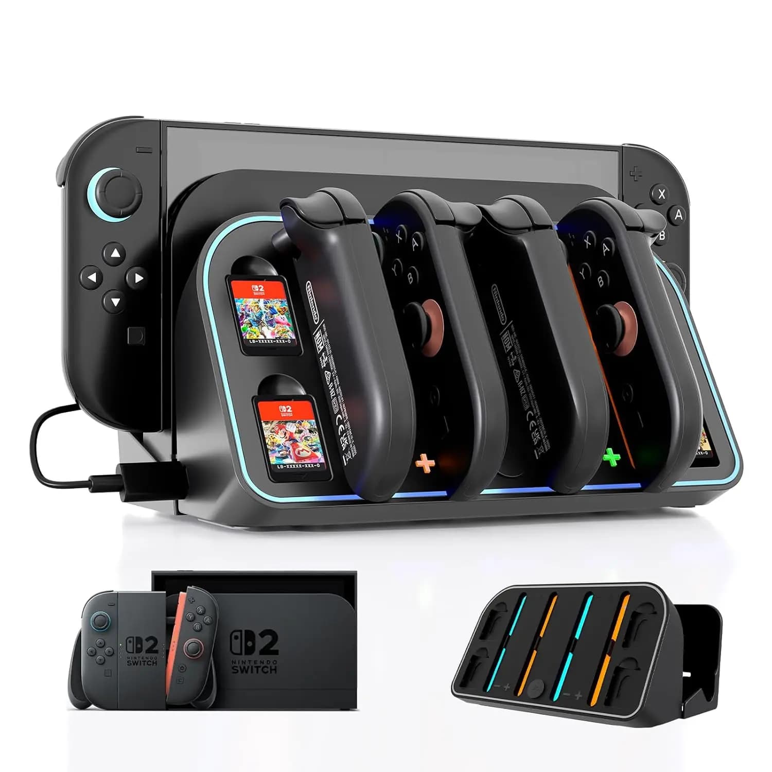 Wall Mount Charging Dock for Nintendo Switch 2 2025 - with RGB Magnetic Joy Con Charger Station with 4 Game Card Storage Holder