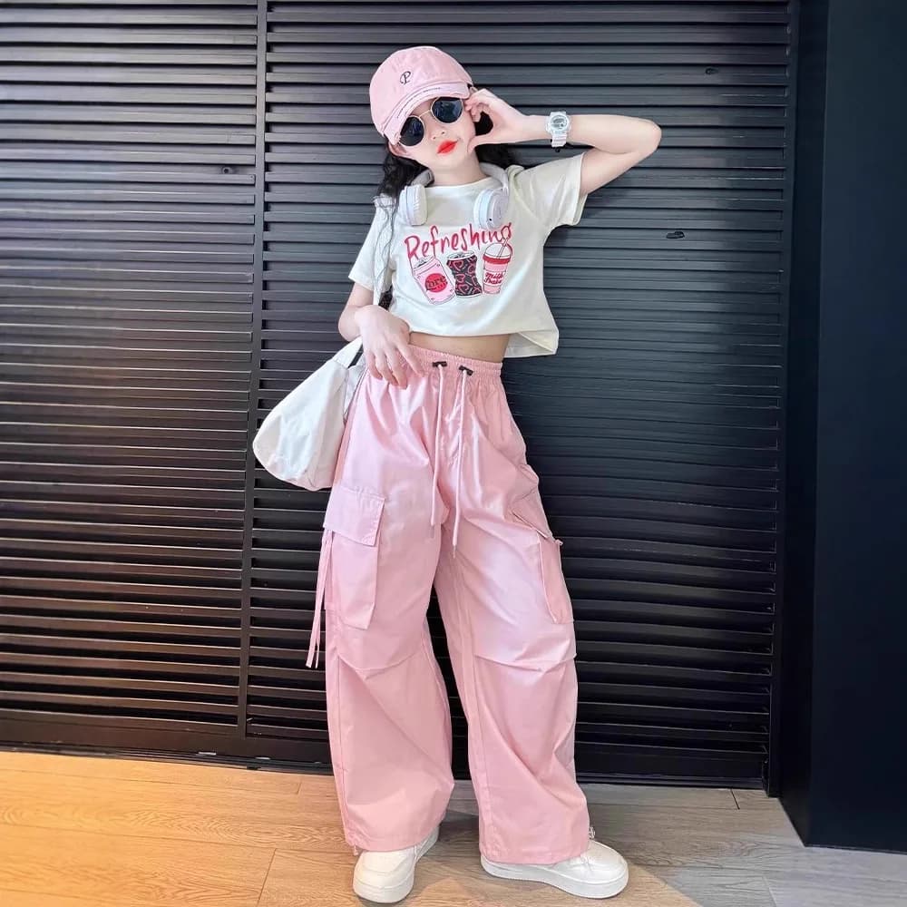 Completo estivo 2026 per bambine e ragazze: T-shirt + pantaloni cargo a gamba larga, outfit per adolescenti 4 5 8 10 11 12 14 15 anni