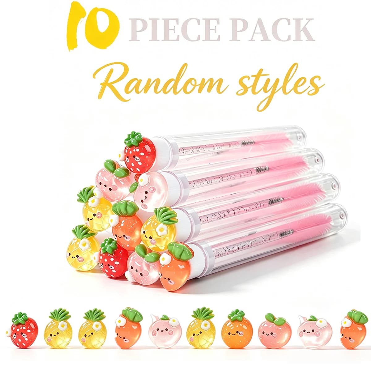 10Pcs Cute Fruit Reusable Eyelash Brush Tube Mascara Wand Spoolie Eyelash Extension Brow Brush Kawaii Travel Washable Makeup Too