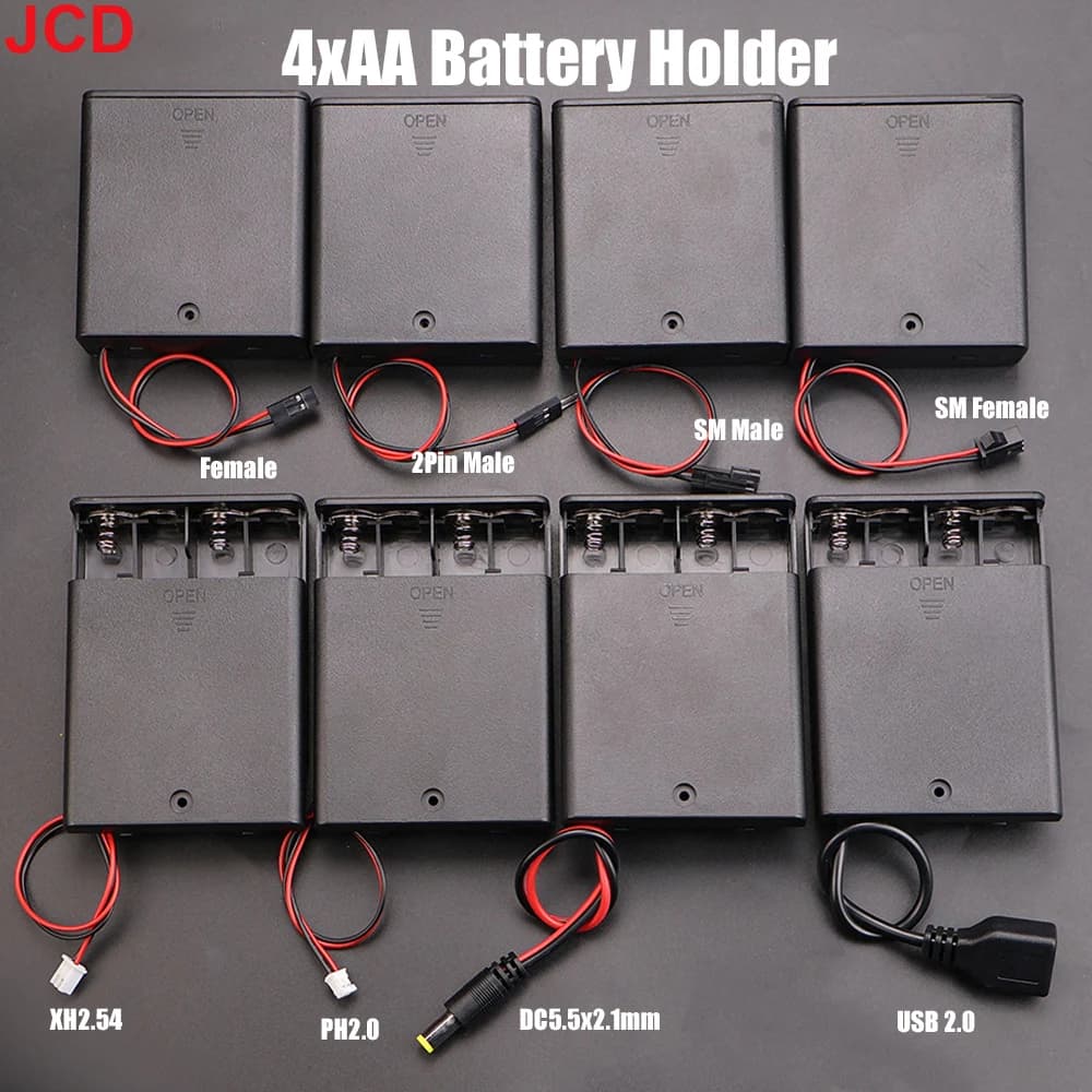JCD 1 Battery pack for 4 AA batteries with Switch and Cover, PH2.0 XH2.54 SM DC5.5*2.1mm USB and Terminal Cable