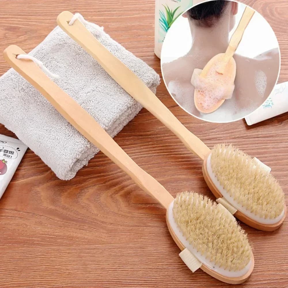 Spazzola per doccia con setole naturali per la schiena con manico lungo staccabile in legno Spazzole da bagno per massaggio corpo esfoliante per la pelle secca