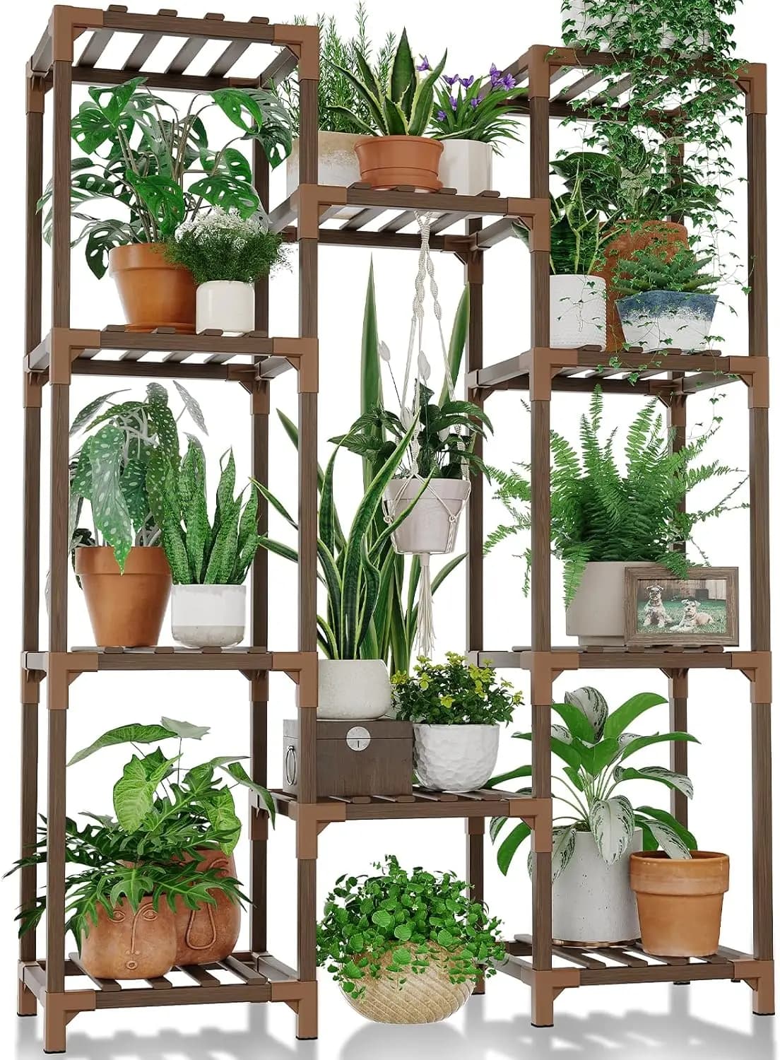 Supporto Alto in Legno per Piante Multiple, per Interni ed Esterni, Soggiorno, Patio, Balcone, Decorazione da Giardino, Marrone