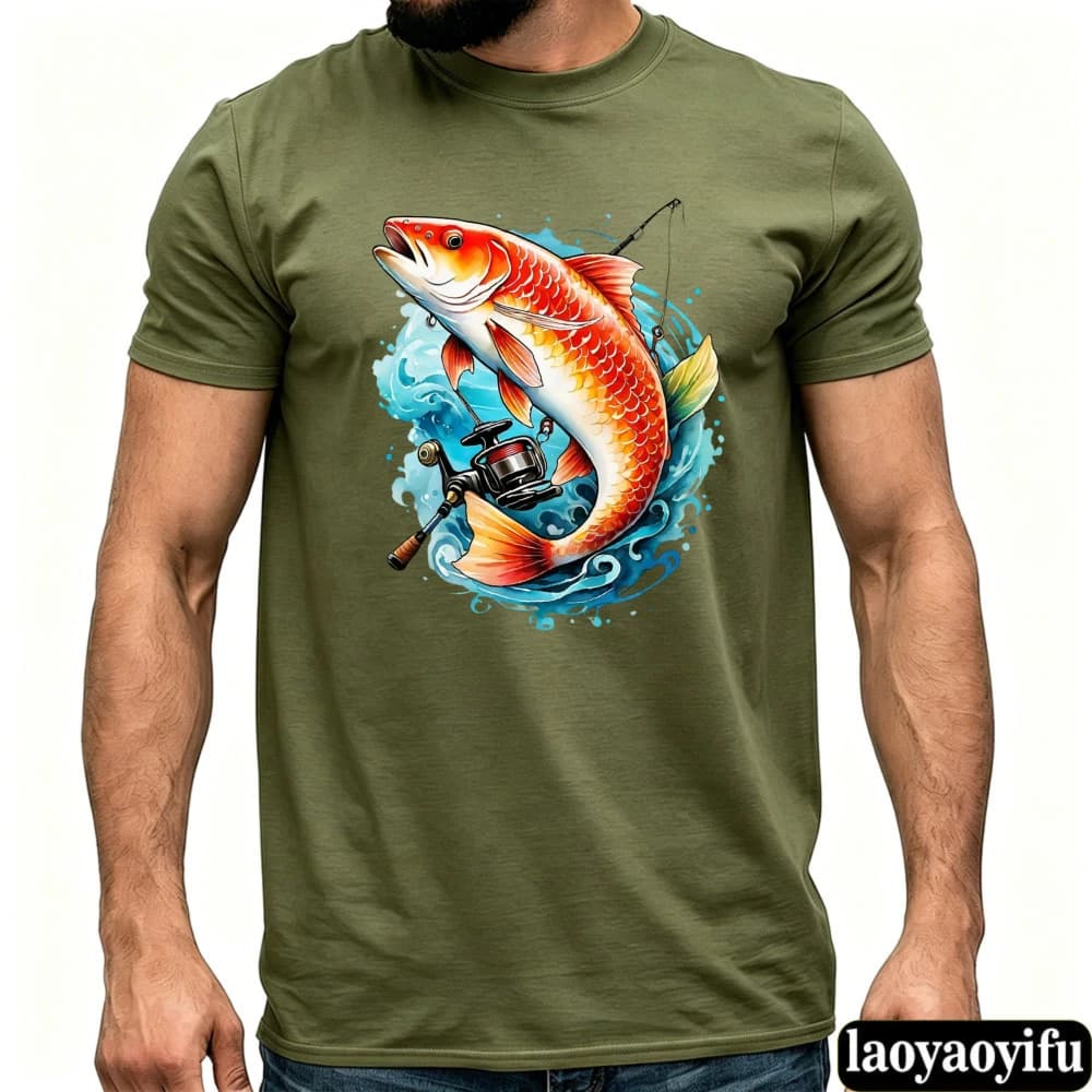 Big Red Carp Fish Fishing Rod Reel Graphic T Shirt Vibrant Water Wave Fisherman Casual Short Sleeve Cotton Fishing Lover Tees