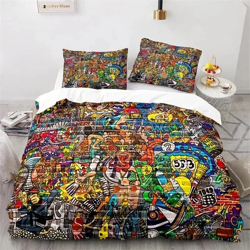 Graffiti Hip Hop Modern Street Art 3D Copripiumino Set di biancheria da letto Trapunte Federe in lino Decorazioni per la casa Singolo Doppio King Queen