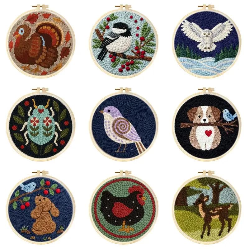 Punch Needle Kits Animal Embroidery Hoops Kits for Adults Tool with Punch Needle Fabric, Hoops, Yarns and Sewing Needles