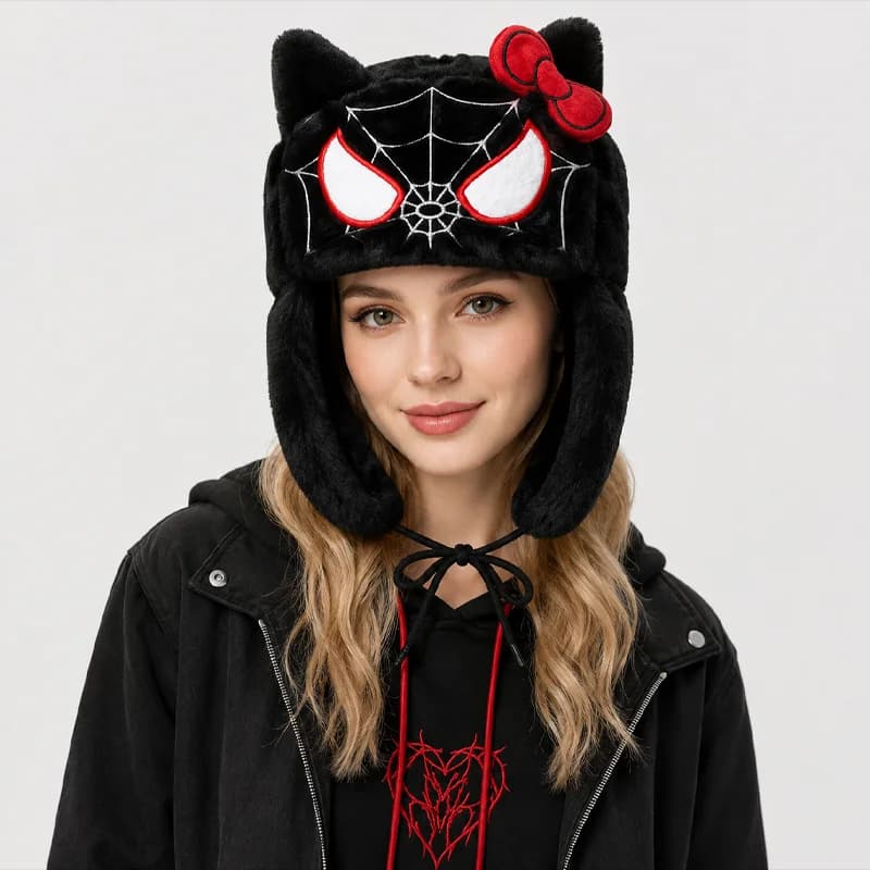 Unisex Plush Cat Earflap Hat Spider Web Bow Winter Hat Soft Fuzzy Cartoon Animal Trapper Cap Cosplay Cute Beanie
