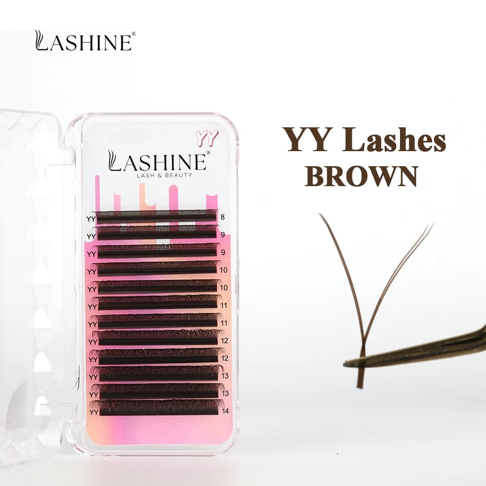 LASHINE Estensioni ciglia a forma di YY Marrone 0,07 mm D Curl Mix Volume Ciglia W per professionisti delle ciglia
