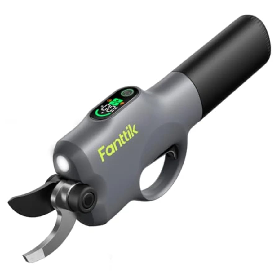 Forbici da potatura elettriche senza fili per uso in giardino, lama in acciaio SK5 nera con dettagli grigi, motore brushless e display LED per la preparazione.