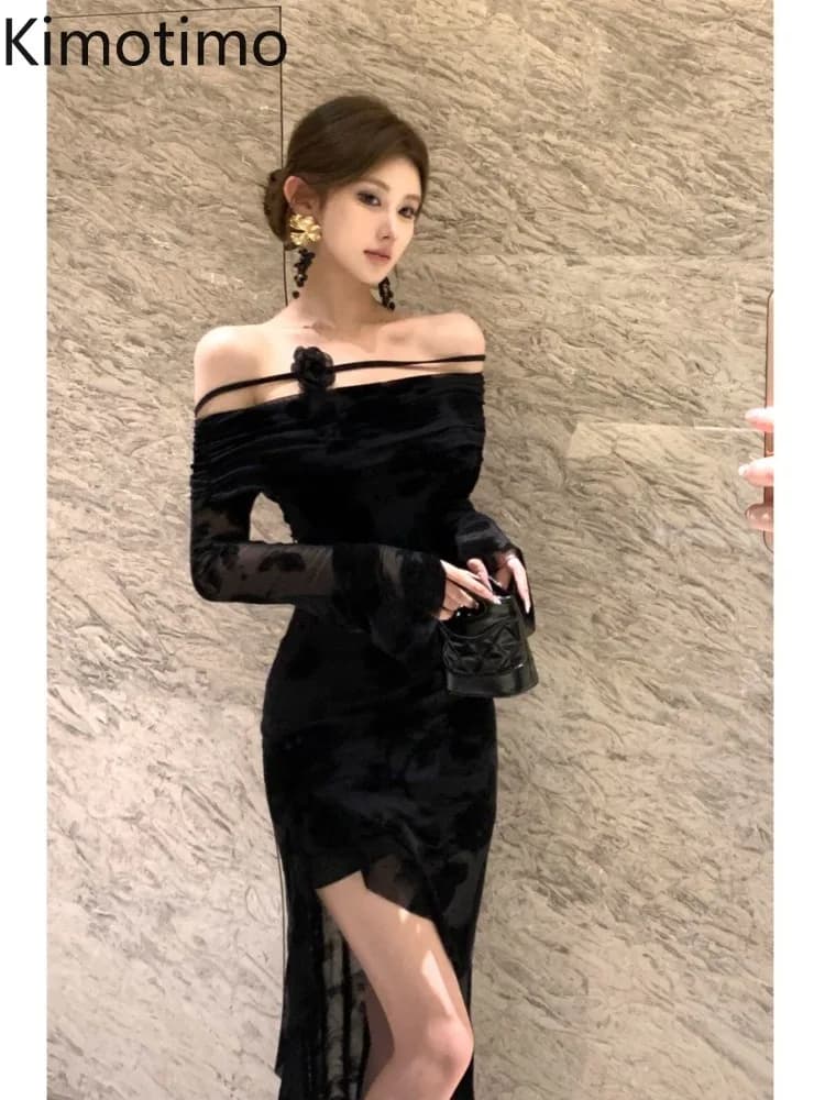 Kimotimo Sexy Slash Neck Manica Lunga Vestito Da Partito Delle Donne Temperamento Vita Sottile Split Irregolare Abiti Da Sera Lunghi Elegante Veste