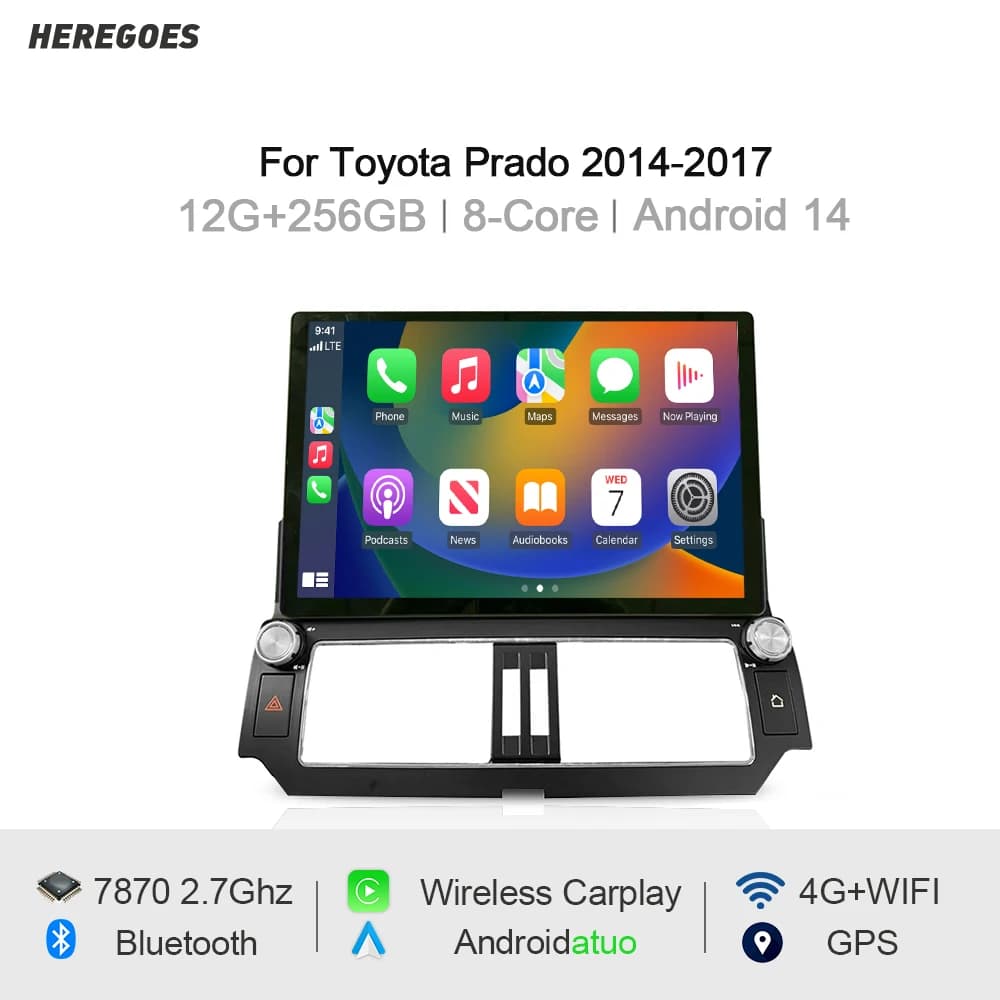 Carplay 13 "12 + 256GB Autoradio Android 14 Navigazione GPS Wifi Lettore multimediale per auto per Toyota Land Cruiser Prado 150 2014-2017