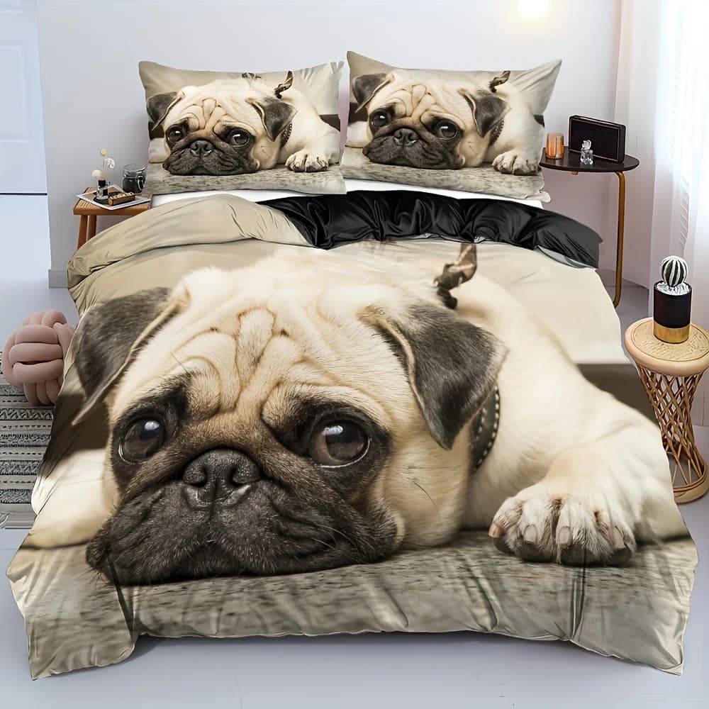 Set copripiumino con stampa cane carino 3D 2/3 pezzi (1 copripiumino + federa 1/2), Set biancheria da letto per cani Pug per camera da letto dormitorio