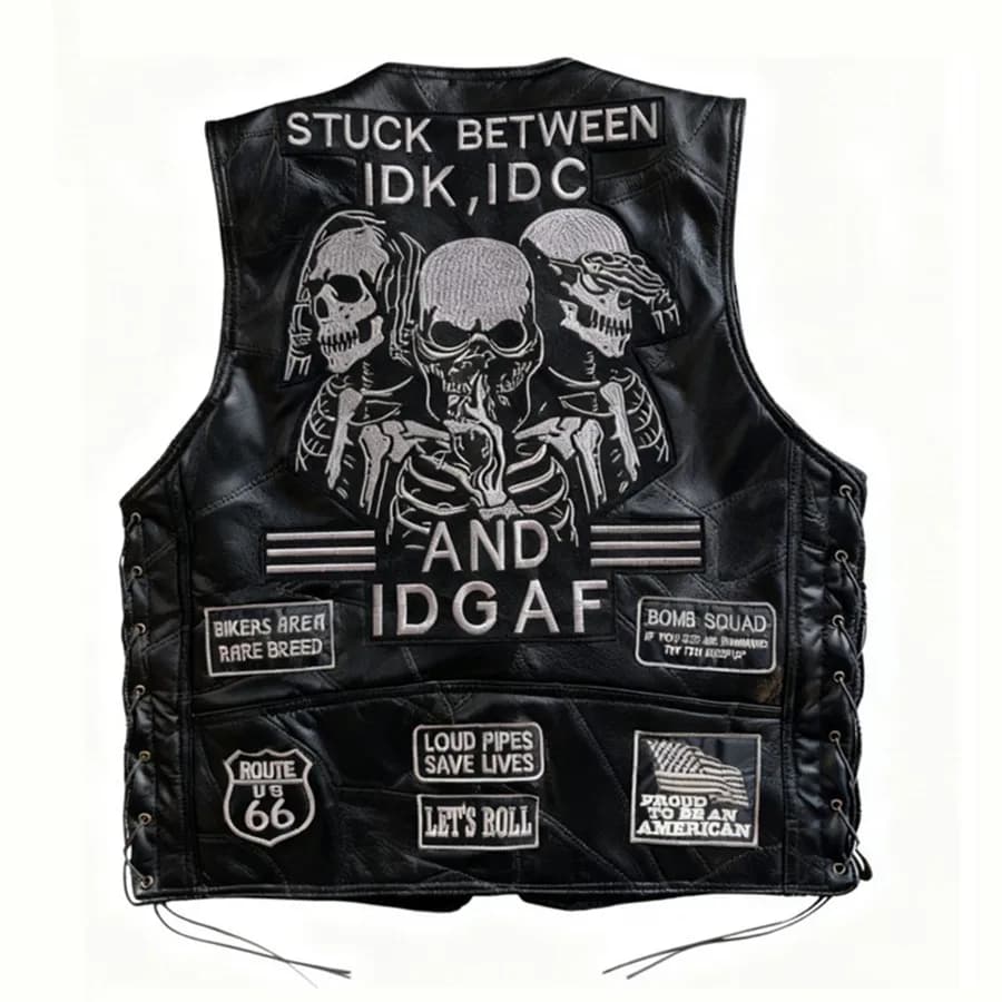 Gilet da uomo in vera pelle con teschi ricamati Giacche senza maniche Hip Hop Gilet da motociclista da motociclista Gilet da esterno da uomo