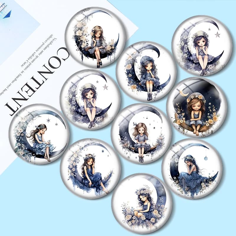 Little Girl on The Moon Watercolor 10pcs 12mm/18mm/20mm/25mm Round photo glass cabochon demo flat back Making findings
