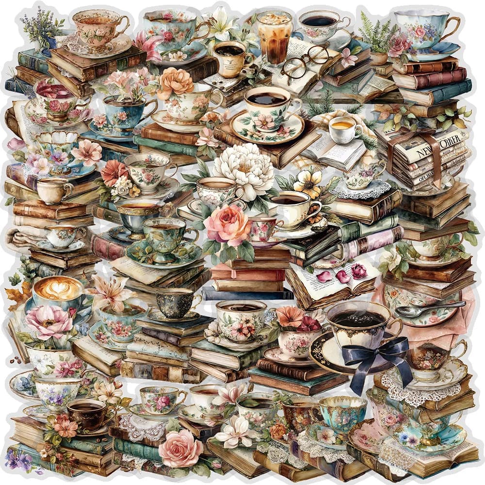 Set di 50 Adesivi Estetici con Libri e Caffè, Arte in Vinile per Amanti dei Libri, Laptop, Bagagli, Diari e Quaderni