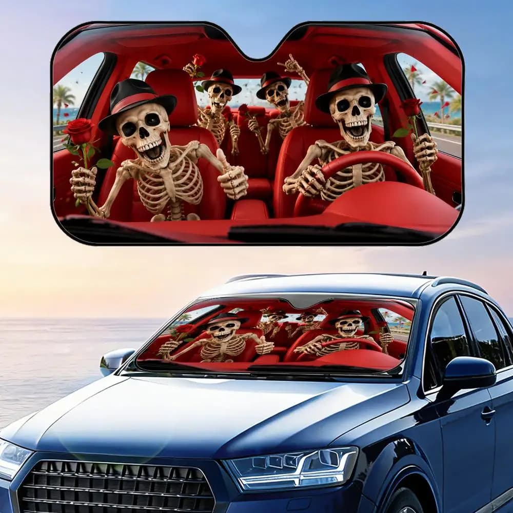Parasole per Auto con Scheletro Divertente che Tiene una Rosa, Protezione UV, Riflettente, Pieghevole, Copertura Isolante dal Calore