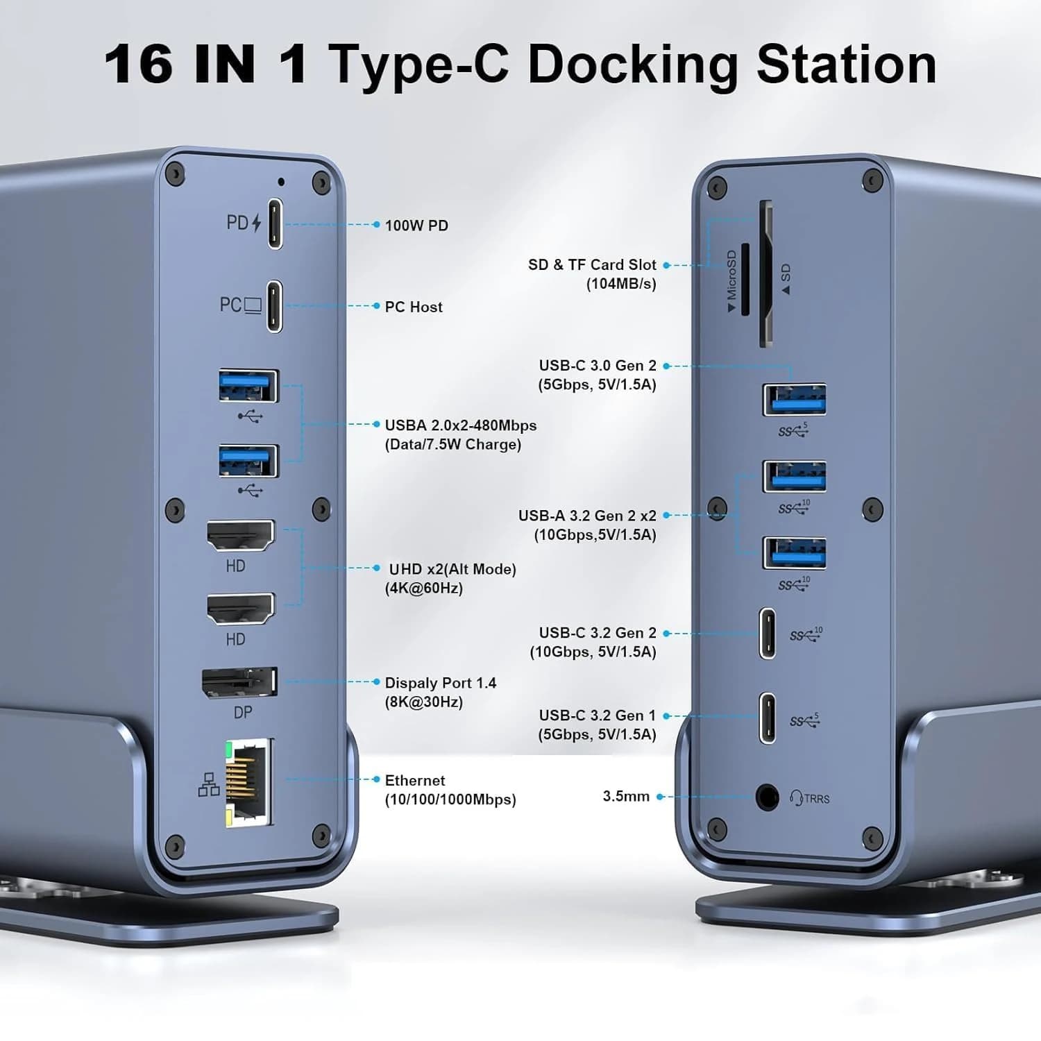 Docking station per laptop USB C Thunderbolt4 con 2xcompatibile con HDMI, DP, Gigabit Ethernet, 100 W PD, SD/TF, 3,5 mm, porte USB 16 in 1
