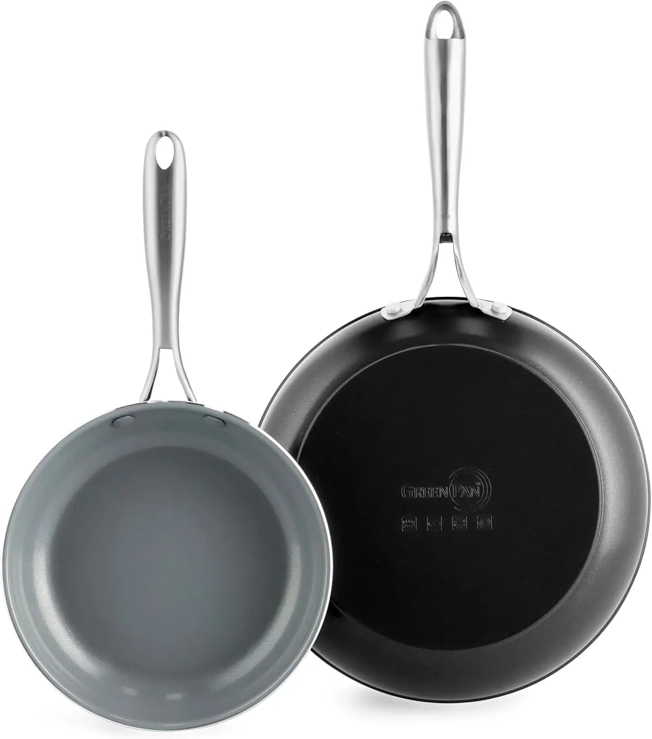 Set of 8" and 10" ceramic non-stick pans, without PFAS, dishwasher and oven washable, stainless steel handles