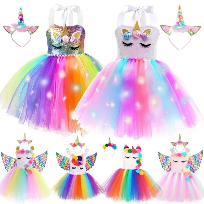 Abito TUTU unicorno Principessa Ragazze Lucido Abbigliamento per bambini Cartoon con LED Ali luminose Fascia per capelli Costume di scena per la festa della ragazza